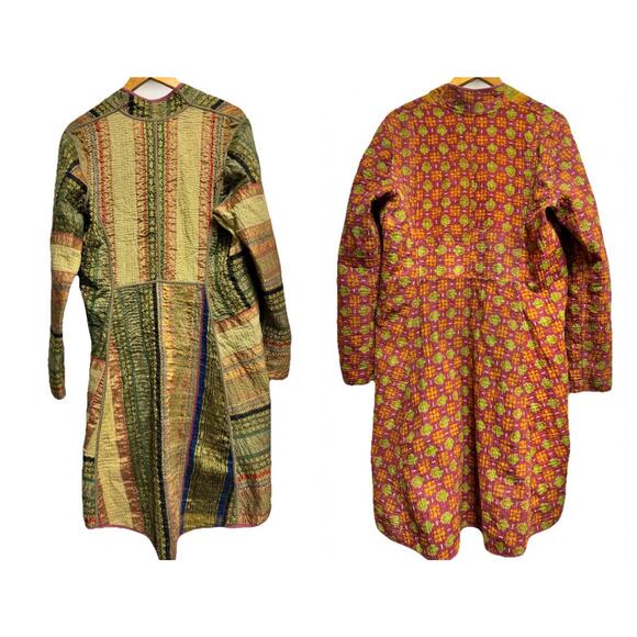 Silk Sari and Kantha Jacket High Low Hem Reversible Global Boho Patchwork Large - Picture 2 of 9